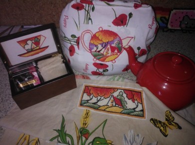 Tea box, tea towel and tea cosy
